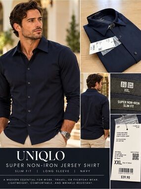 UNIQLO Men's Navy Super Non-Iron Slim Fit Button Down Shirt XXL NWT